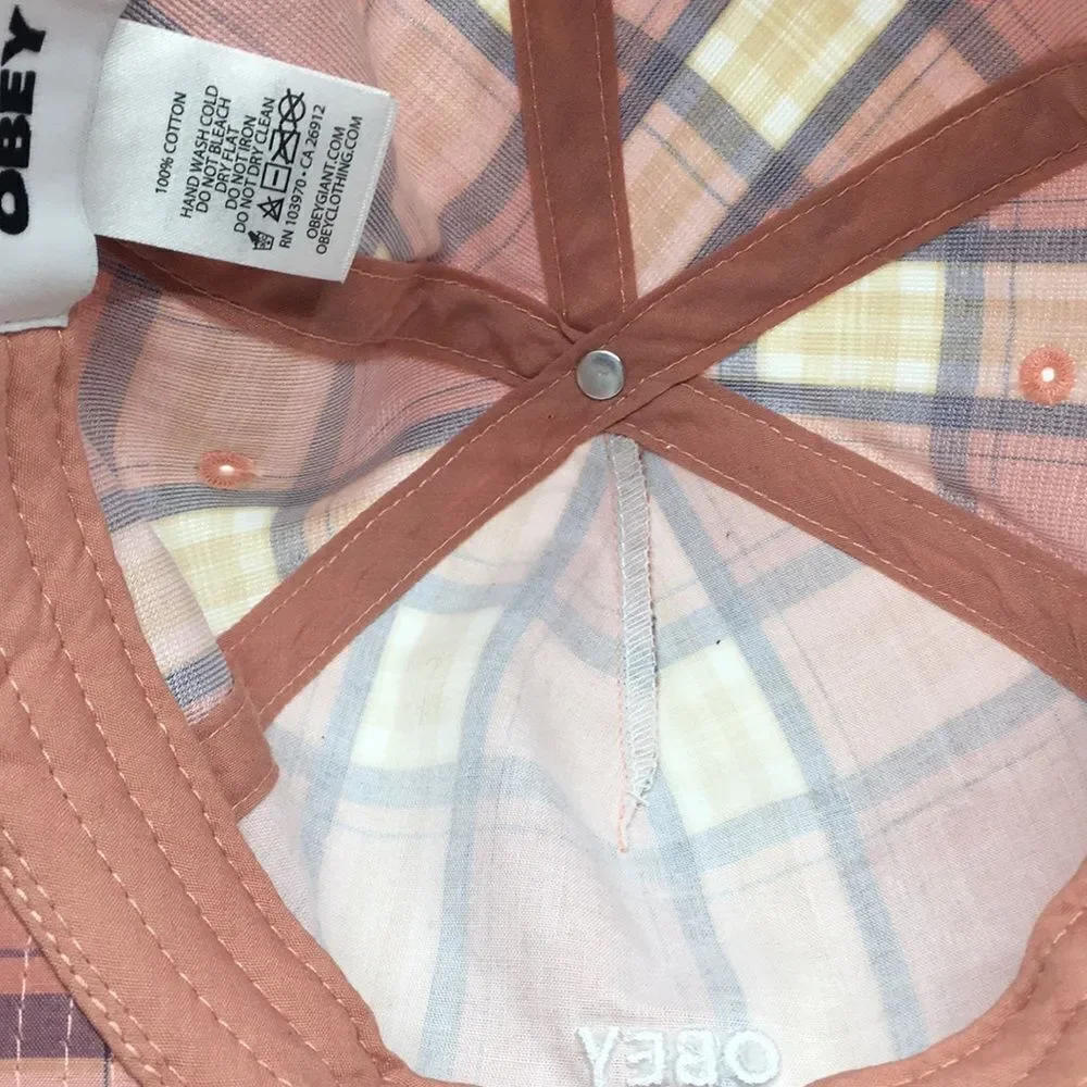 Obey Madras Salmon Pink Plaid Cotton Lightweight Baseball Hat Cap